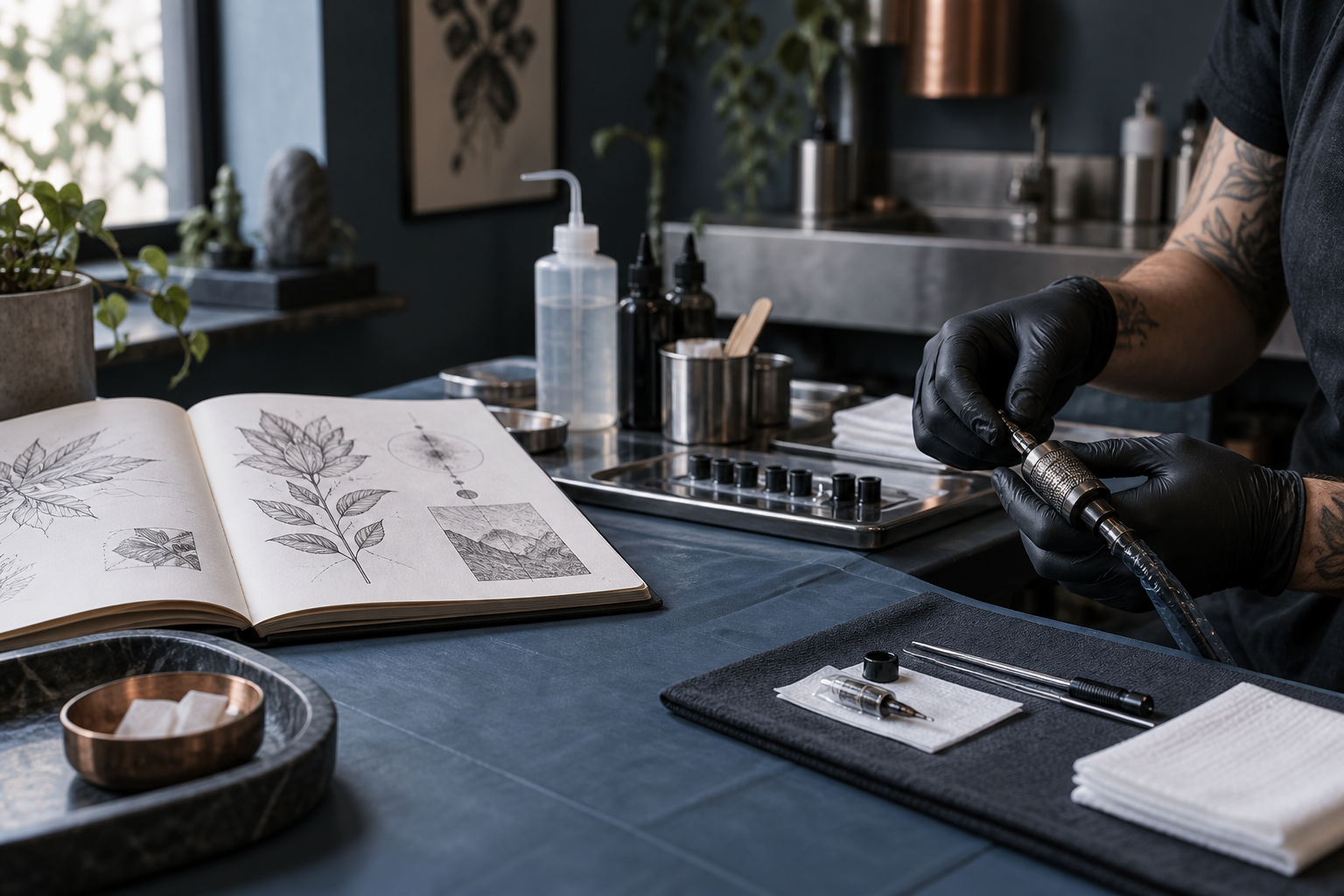Artista preparando equipamento ao lado de um caderno de desenhos